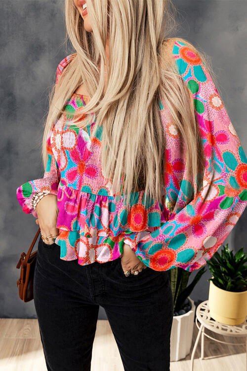 Floral Smocked Ruffled Balloon Sleeve Blouse - Mervyns