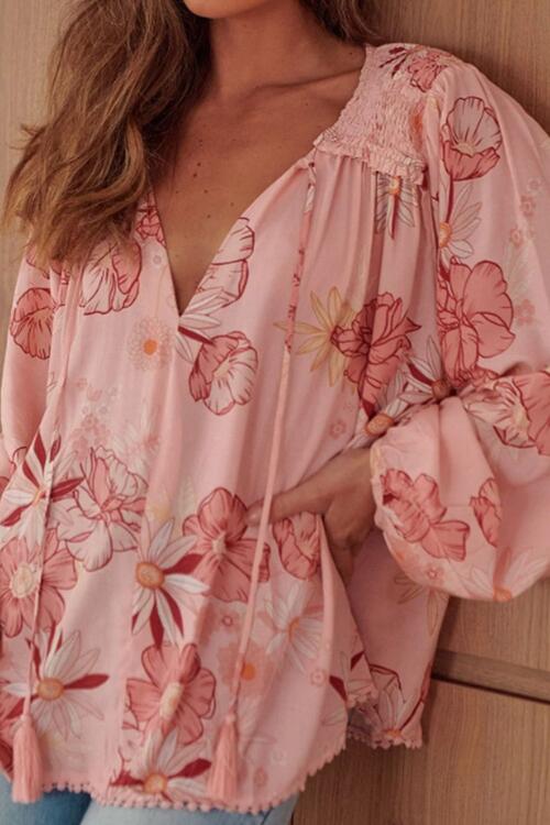 Floral Smocked Tassel Tie Balloon Sleeve Blouse - Mervyns