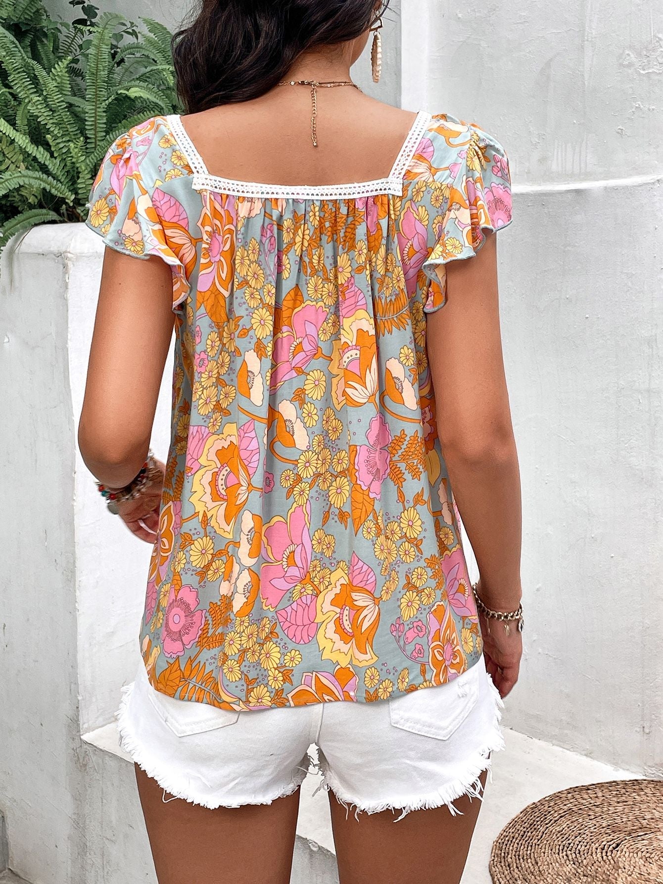 Floral Square Neck Flutter Sleeve Blouse - Mervyns