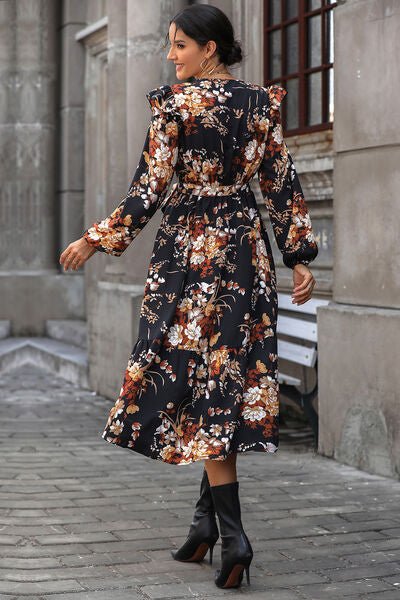 Floral Surplice Tie Front Ruffle Hem Midi Dress - Mervyns