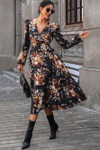 Floral Surplice Tie Front Ruffle Hem Midi Dress - Mervyns