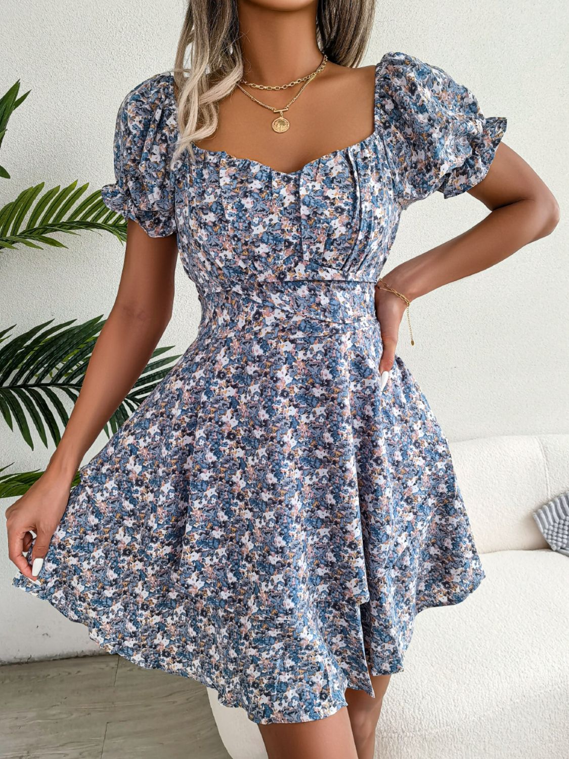 Floral Sweetheart Neck Flounce Sleeve Mini Dress - Mervyns