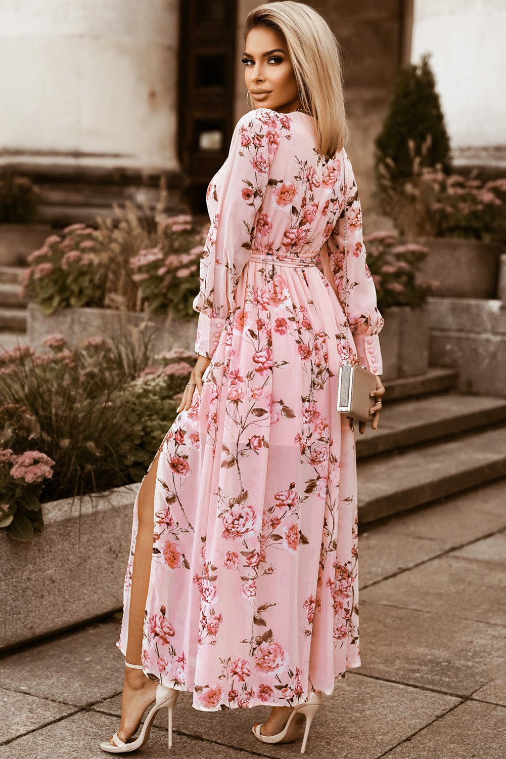 Floral Tie Belt Bishop Sleeve Slit Maxi Dress - Mervyns