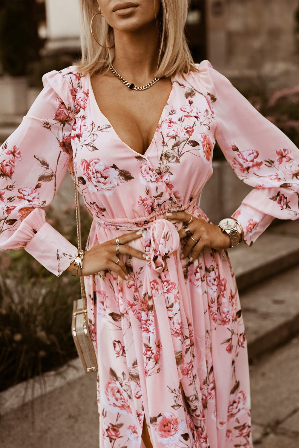 Floral Tie Belt Bishop Sleeve Slit Maxi Dress - Mervyns