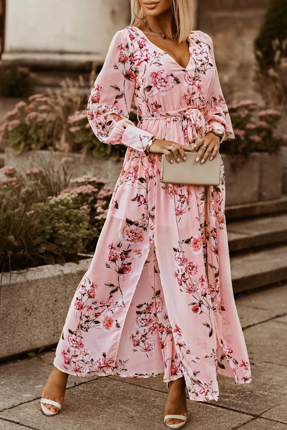 Floral Tie Belt Bishop Sleeve Slit Maxi Dress - Mervyns