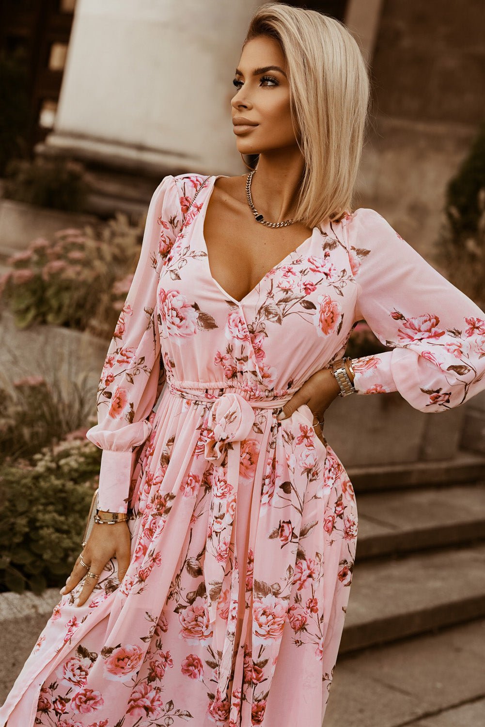 Floral Tie Belt Bishop Sleeve Slit Maxi Dress - Mervyns