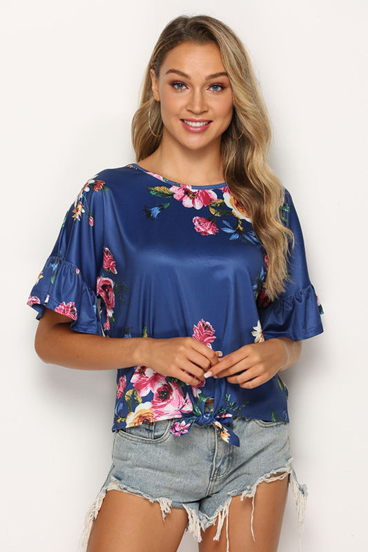 Floral Tie Hem Flounce Sleeve Top - Mervyns