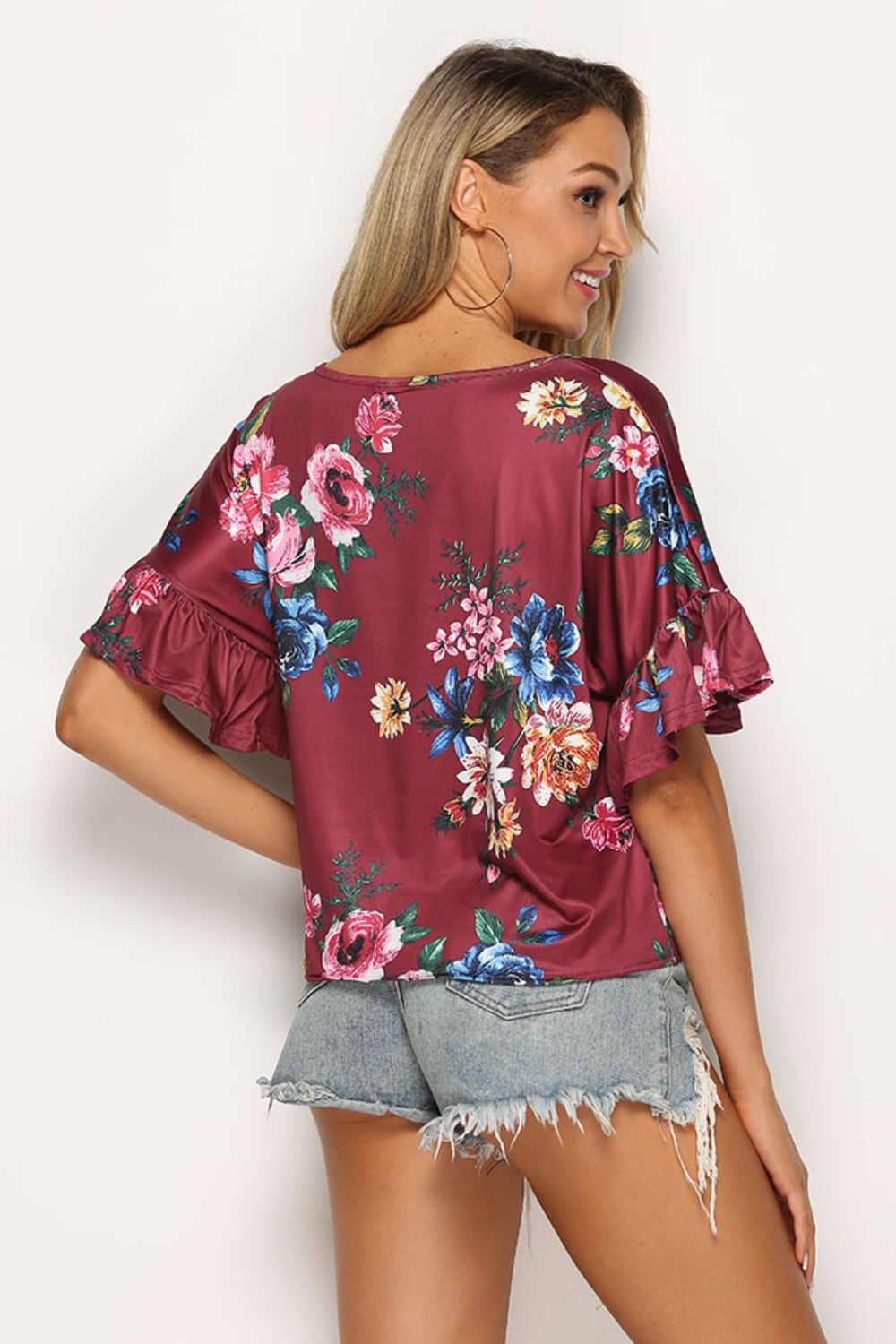 Floral Tie Hem Flounce Sleeve Top - Mervyns