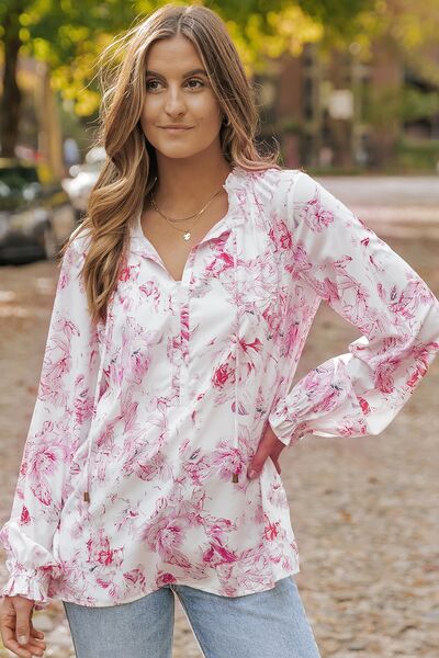 Floral Tie Neck Flounce Sleeve Blouse - Mervyns