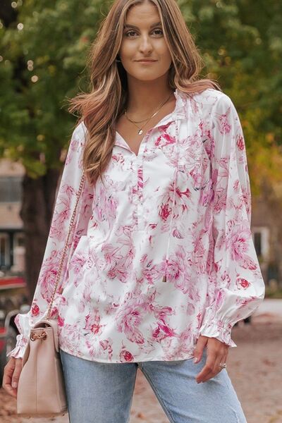 Floral Tie Neck Flounce Sleeve Blouse - Mervyns