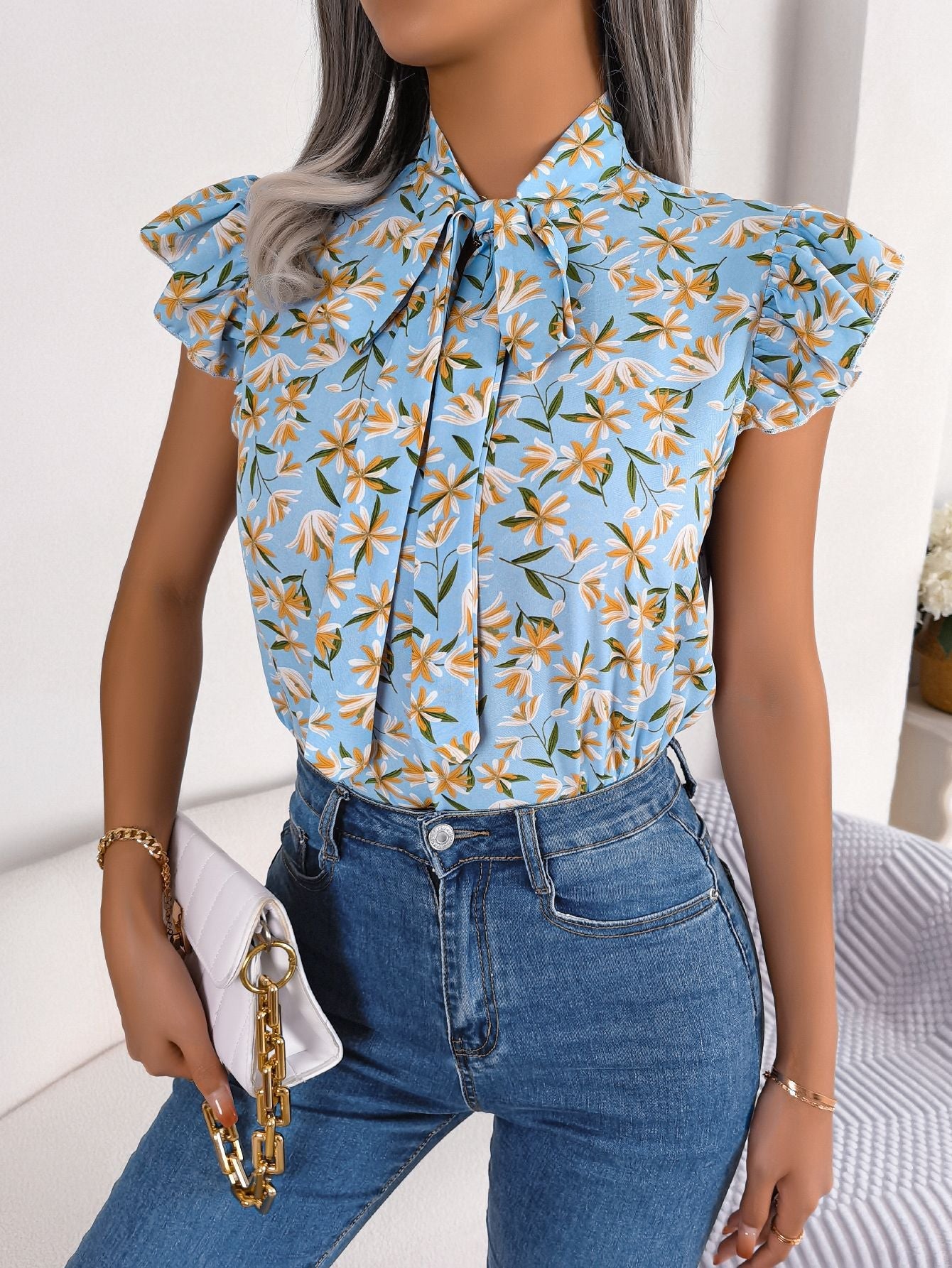 Floral Tie Neck Flutter Sleeve Blouse - Mervyns