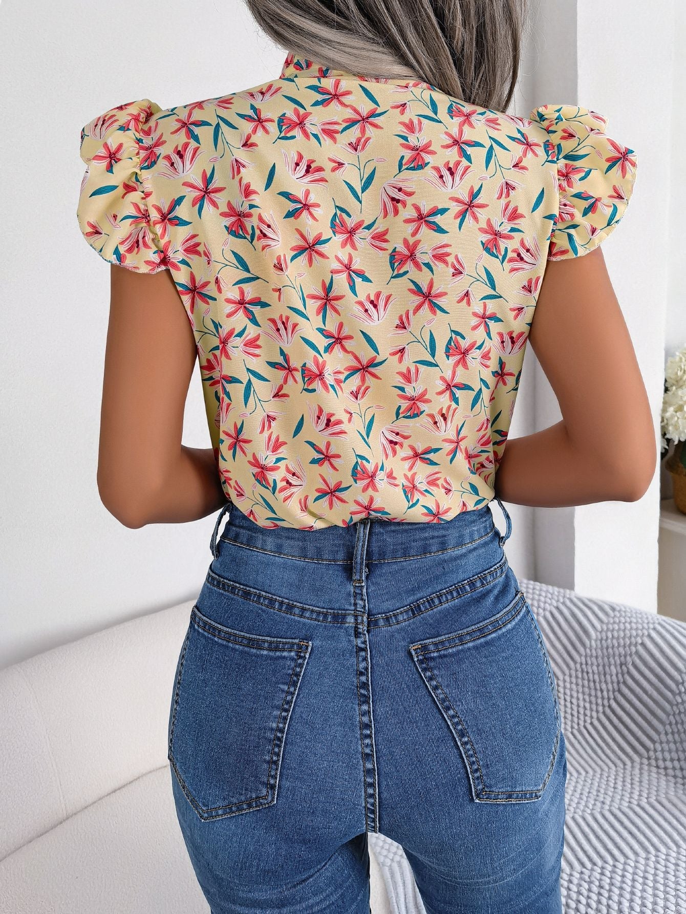 Floral Tie Neck Flutter Sleeve Blouse - Mervyns