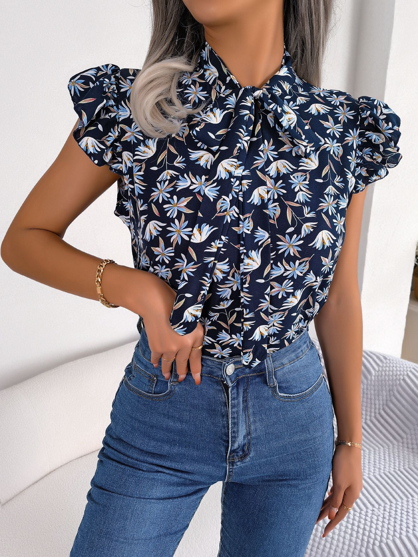 Floral Tie Neck Flutter Sleeve Blouse - Mervyns