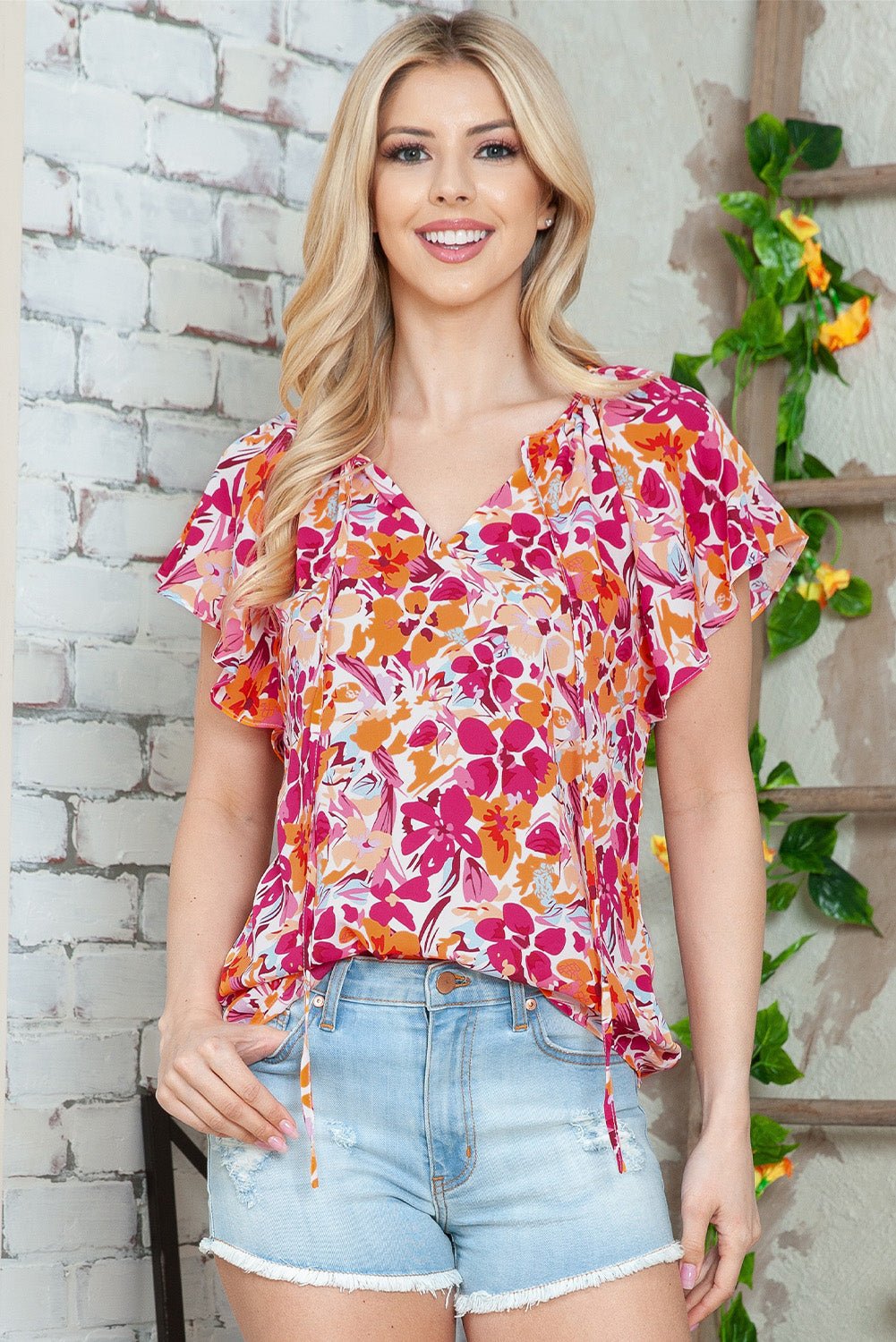 Floral Tie Neck Flutter Sleeve Blouse - Mervyns