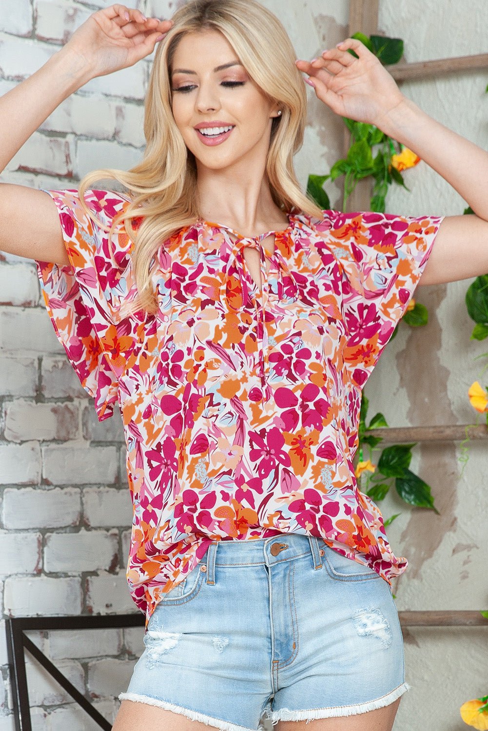 Floral Tie Neck Flutter Sleeve Blouse - Mervyns