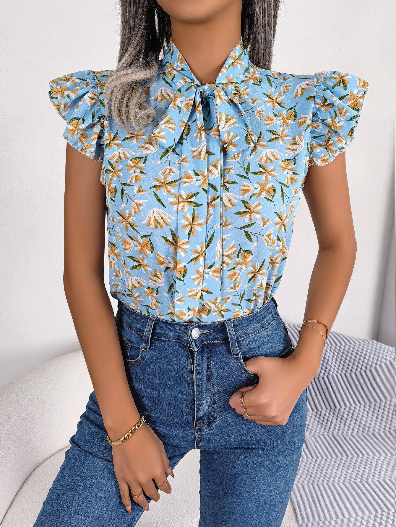 Floral Tie Neck Flutter Sleeve Blouse - Mervyns