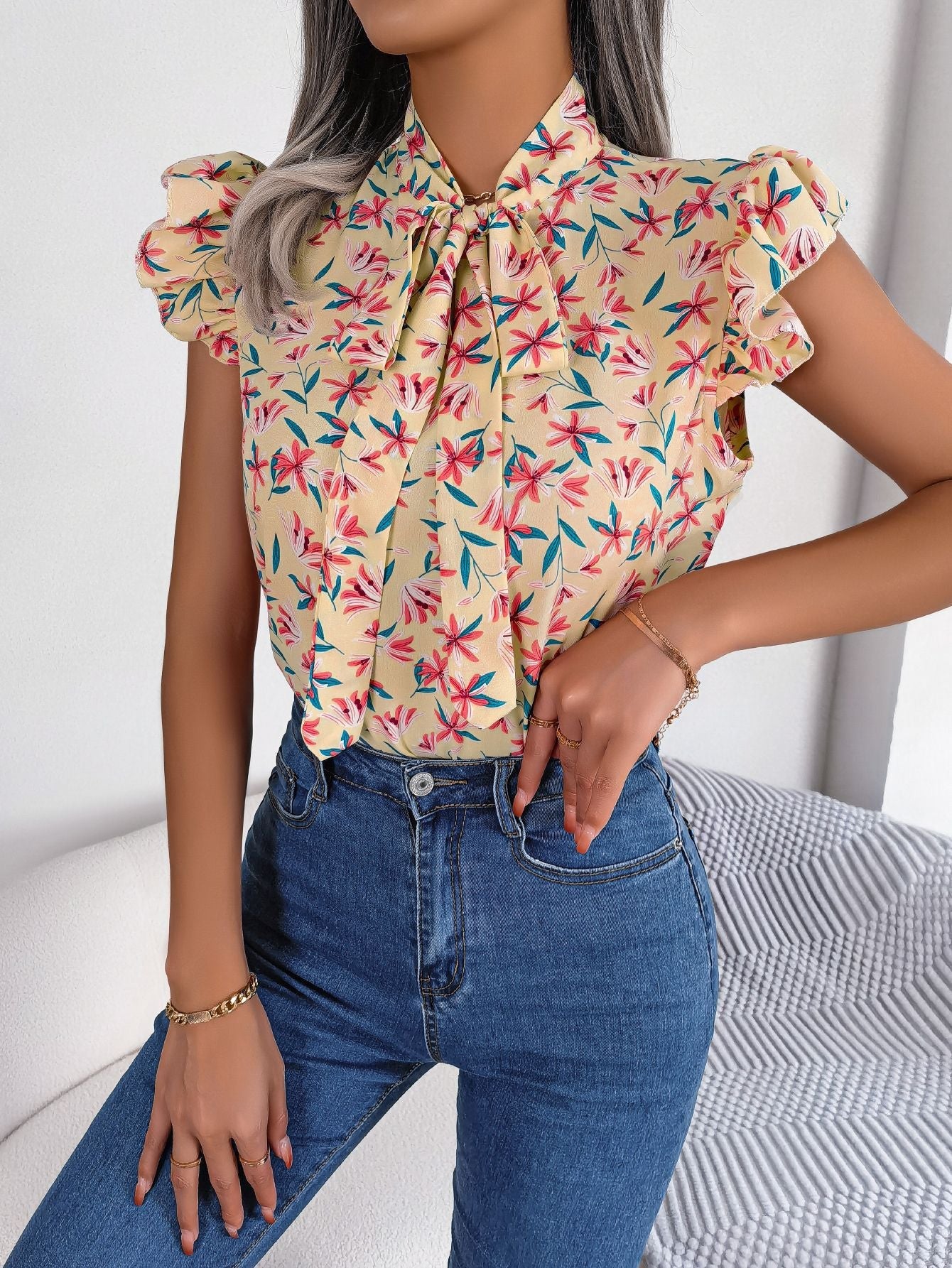 Floral Tie Neck Flutter Sleeve Blouse - Mervyns