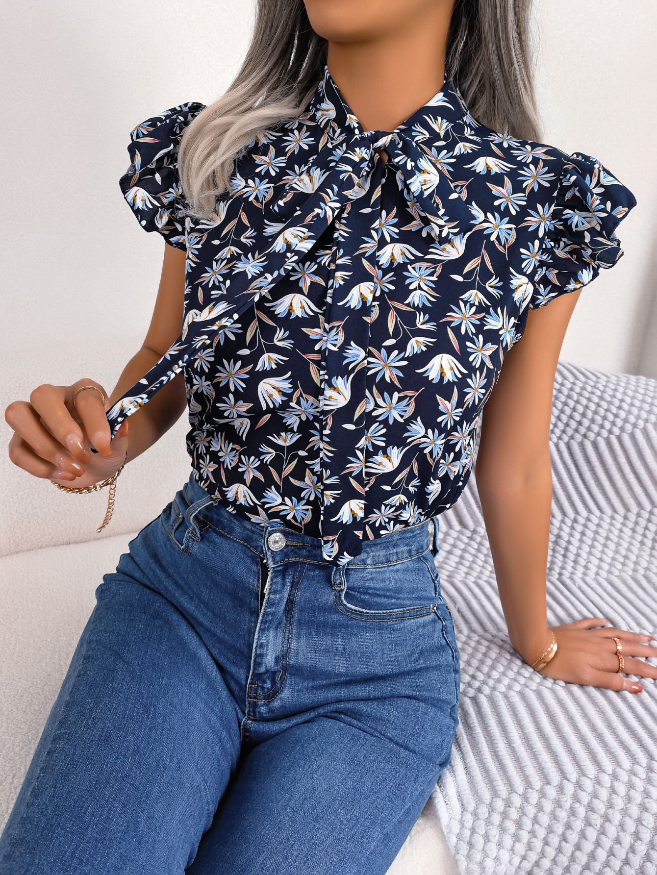 Floral Tie Neck Flutter Sleeve Blouse - Mervyns