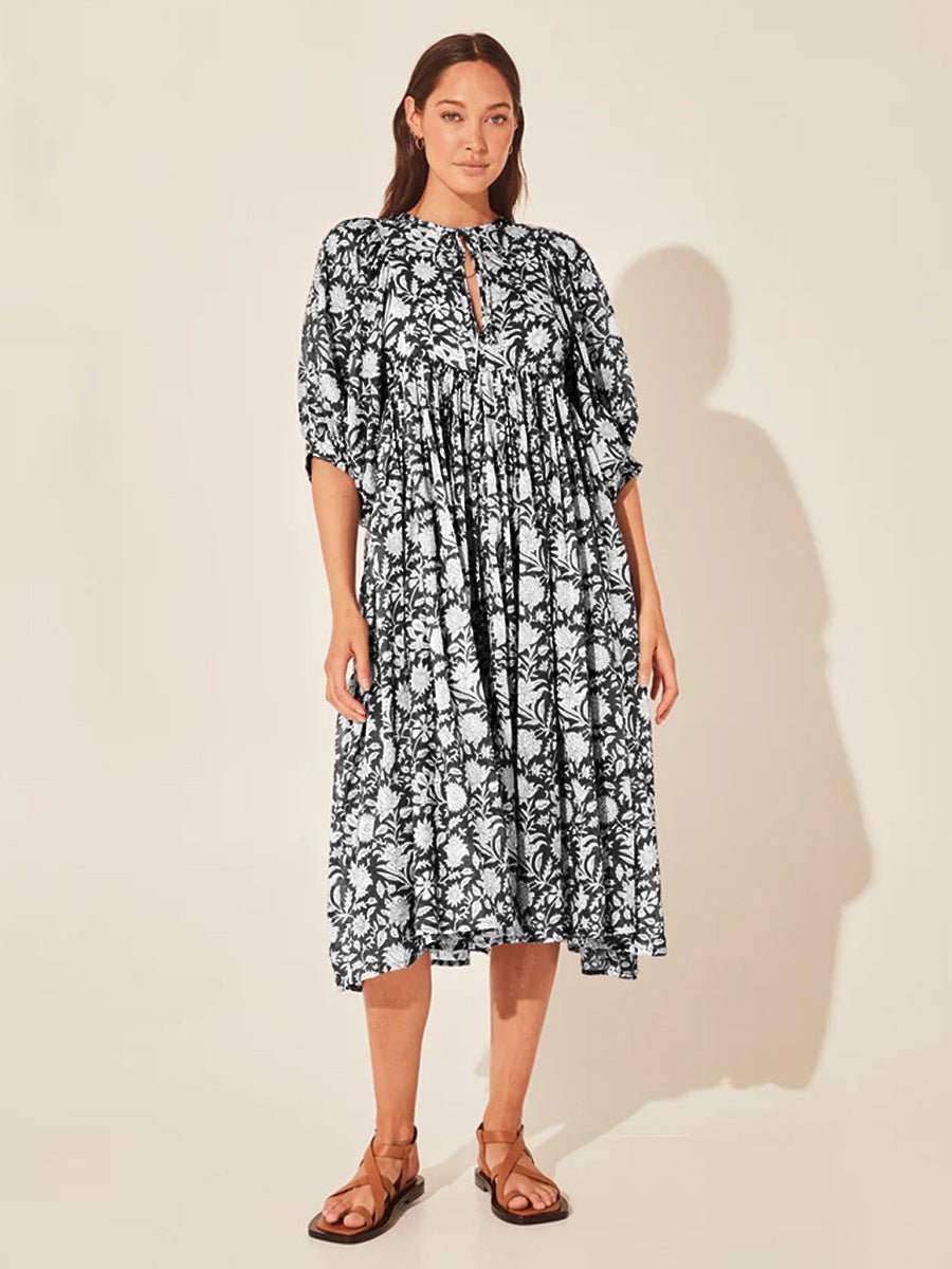 Floral Tie Neck Lantern Sleeve Dress - Mervyns