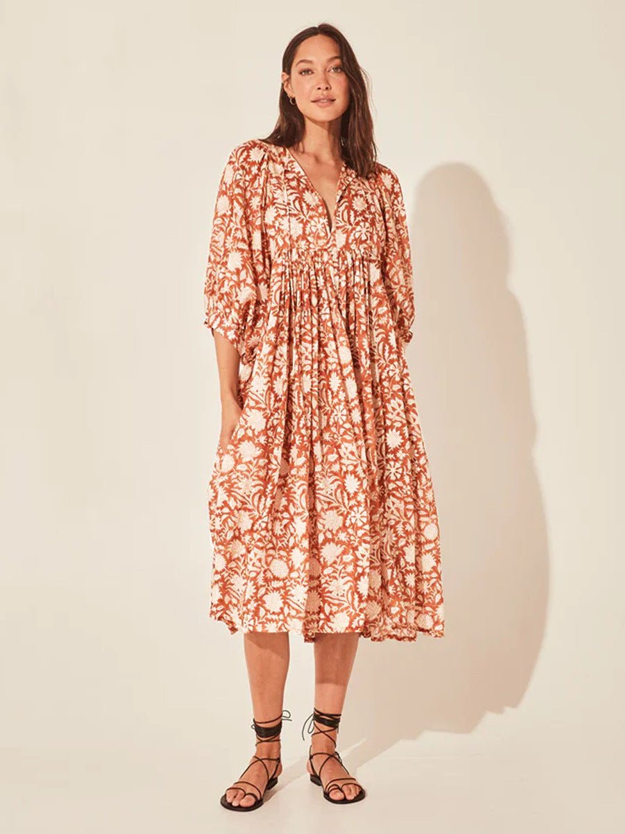 Floral Tie Neck Lantern Sleeve Dress - Mervyns