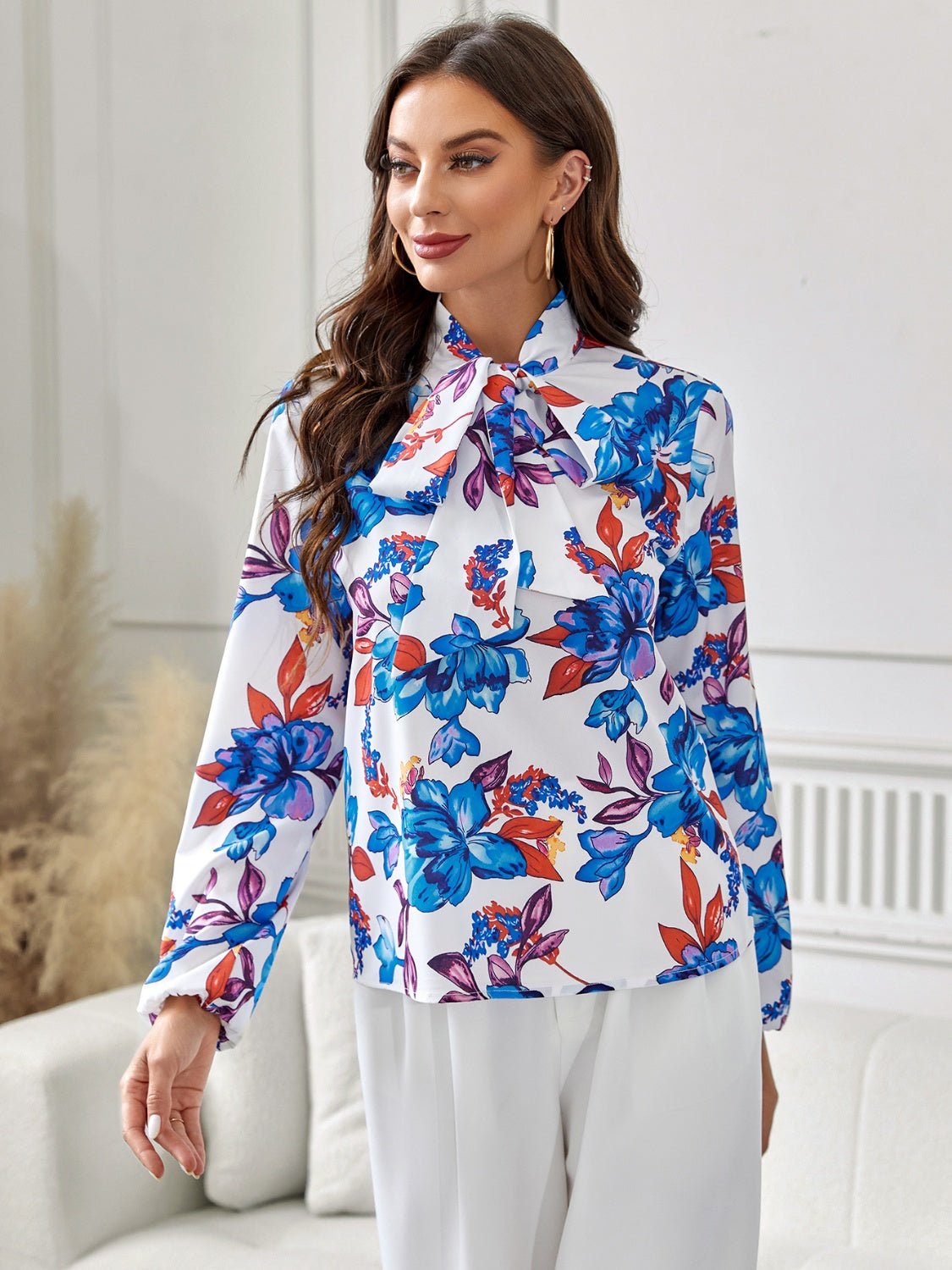 Floral Tie Neck Long Sleeve Blouse - Mervyns