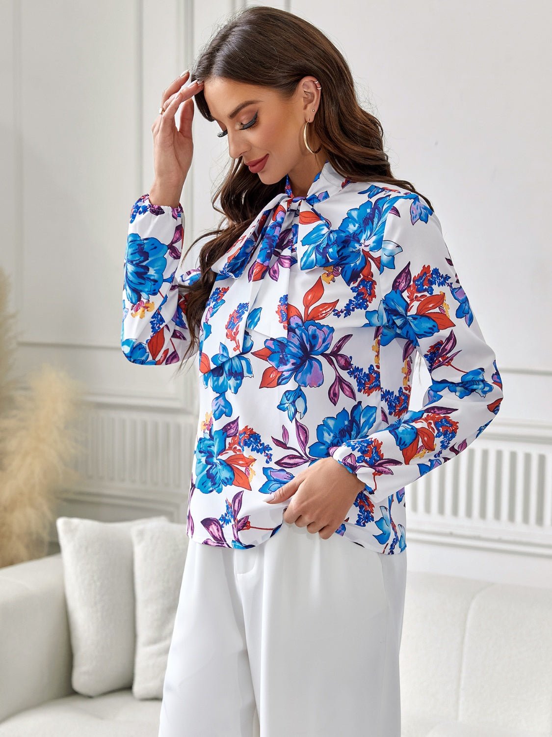 Floral Tie Neck Long Sleeve Blouse - Mervyns