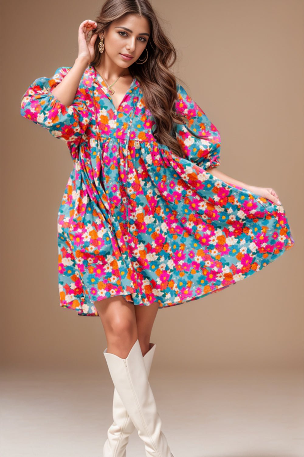 Floral Tie Neck Puff Sleeve Mini Dress - Mervyns