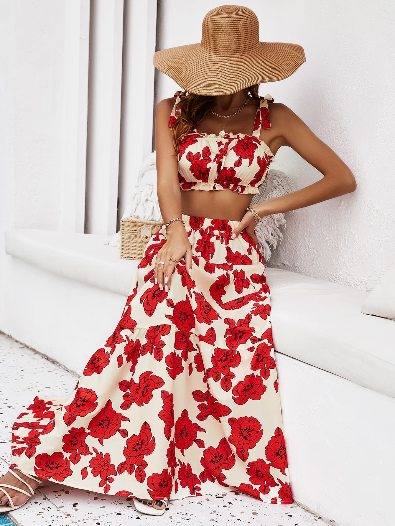 Floral Tie Shoulder Top and Tiered Maxi Skirt Set - Mervyns