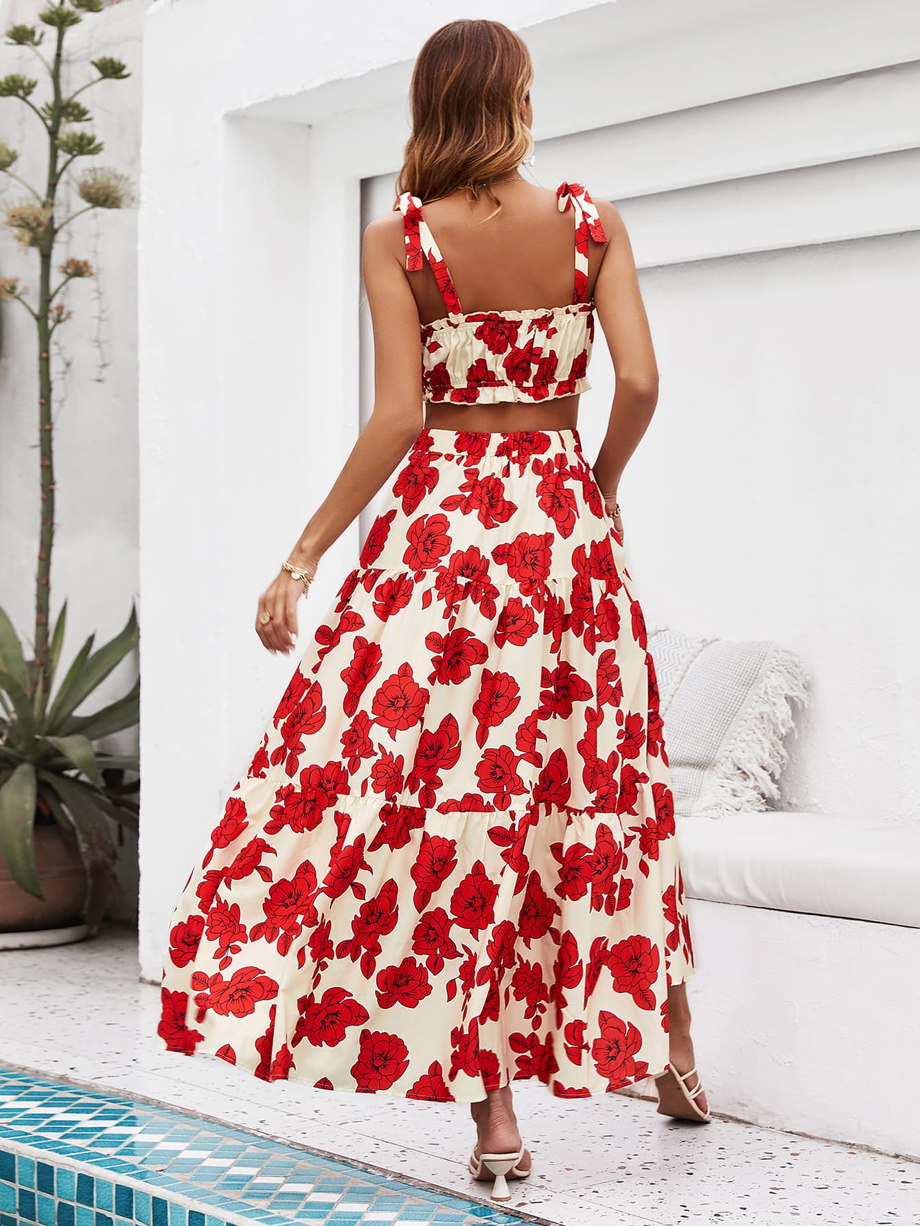 Floral Tie Shoulder Top and Tiered Maxi Skirt Set - Mervyns