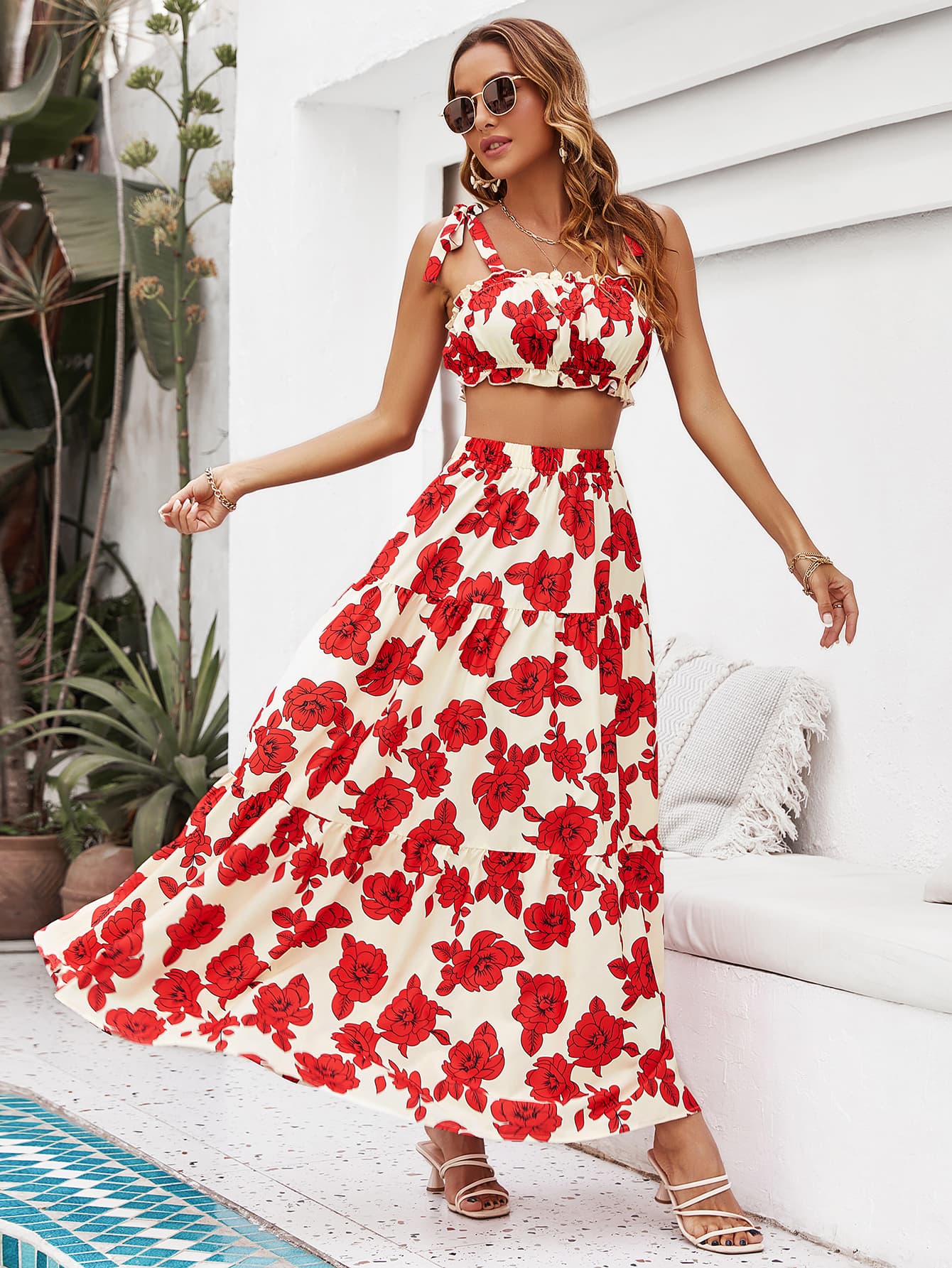 Floral Tie Shoulder Top and Tiered Maxi Skirt Set - Mervyns