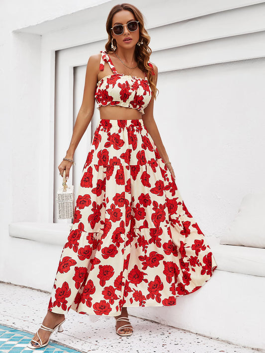 Floral Tie Shoulder Top and Tiered Maxi Skirt Set - Mervyns