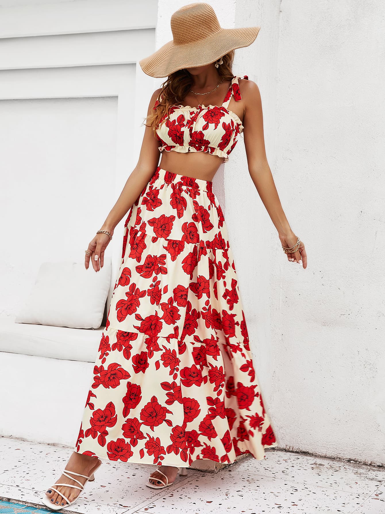 Floral Tie Shoulder Top and Tiered Maxi Skirt Set - Mervyns