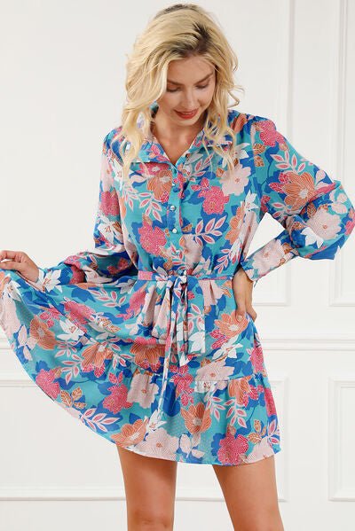 Floral Tie Waist Lantern Sleeve Ruffled Hem Mini Dress - Mervyns