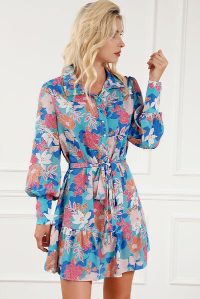 Floral Tie Waist Lantern Sleeve Ruffled Hem Mini Dress - Mervyns