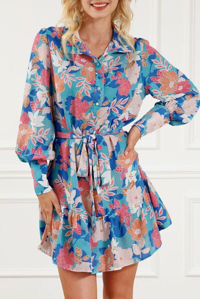 Floral Tie Waist Lantern Sleeve Ruffled Hem Mini Dress - Mervyns