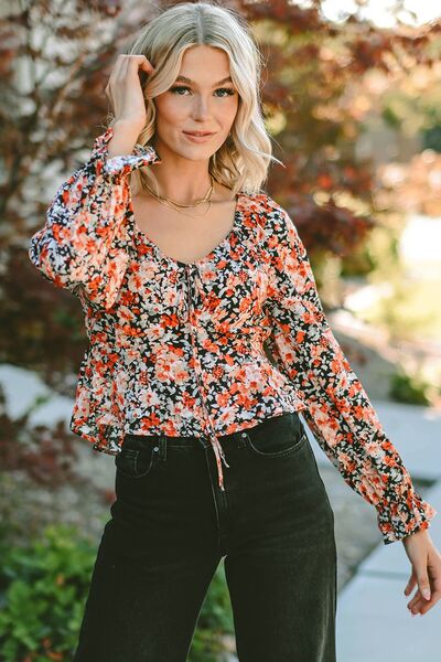 Floral Tied Flounce Sleeve Peplum Blouse - Mervyns