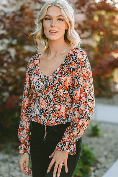 Floral Tied Flounce Sleeve Peplum Blouse - Mervyns