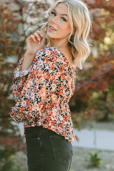 Floral Tied Flounce Sleeve Peplum Blouse - Mervyns