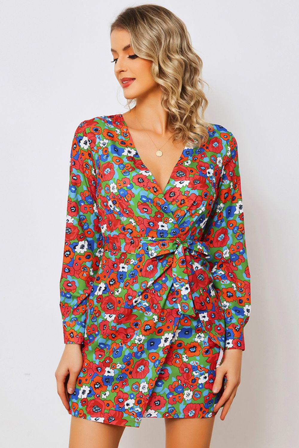 Floral Tied Long Sleeve Plunge Dress - Mervyns