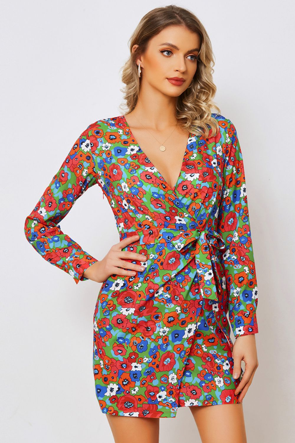 Floral Tied Long Sleeve Plunge Dress - Mervyns