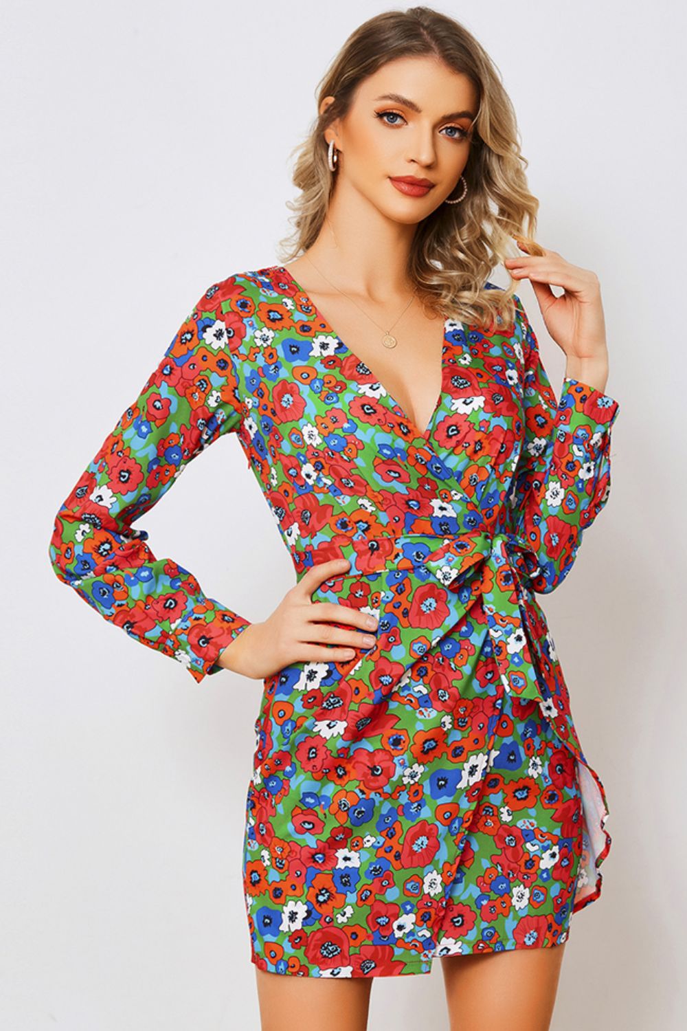 Floral Tied Long Sleeve Plunge Dress - Mervyns