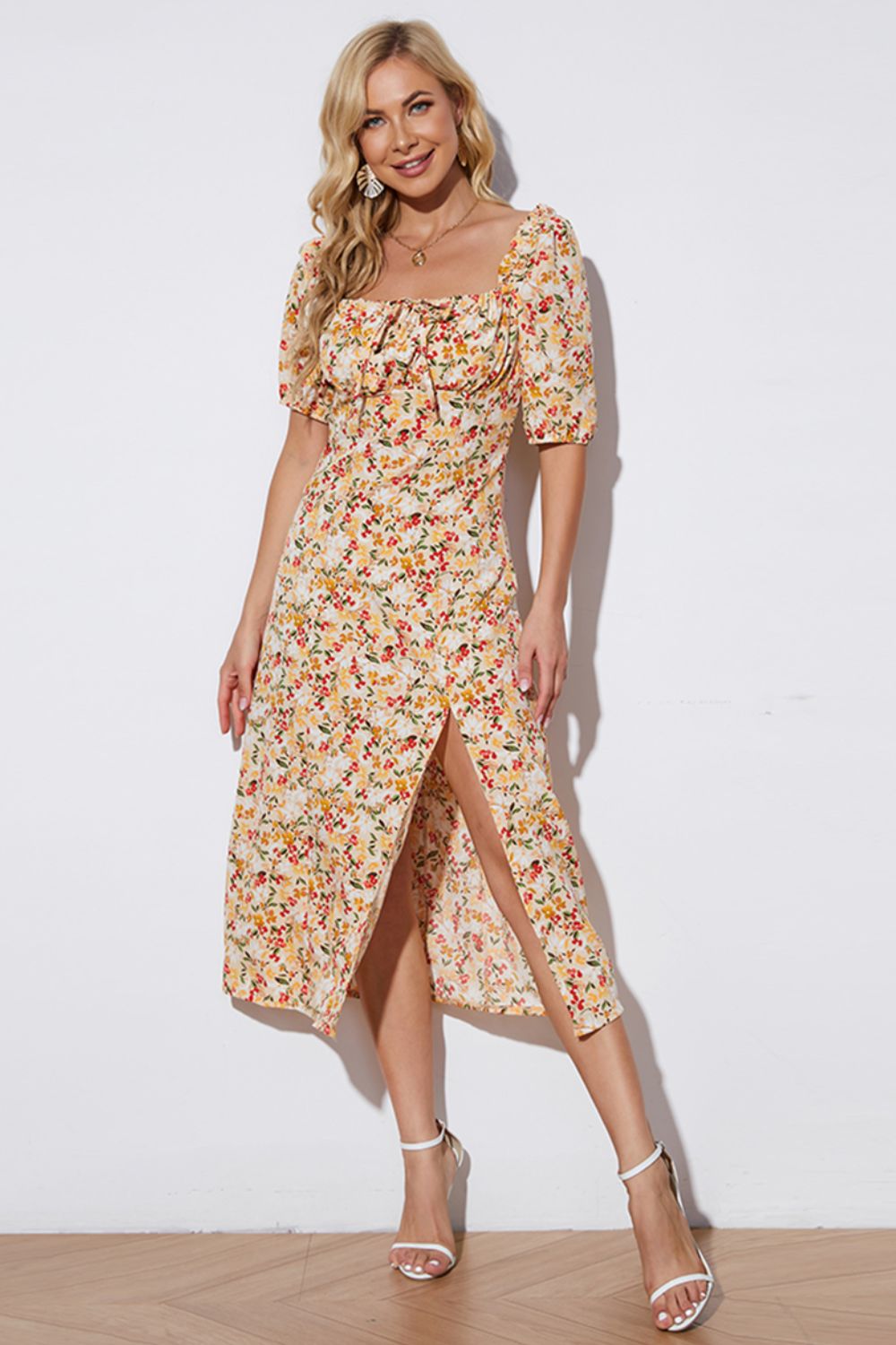 Floral Tied Square Neck Split Dress - Mervyns