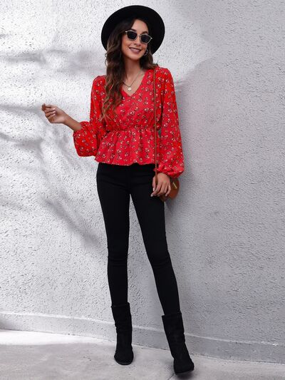 Floral V - Neck Balloon Sleeve Peplum Blouse - Mervyns