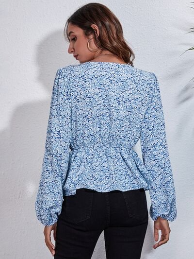 Floral V - Neck Balloon Sleeve Peplum Blouse - Mervyns