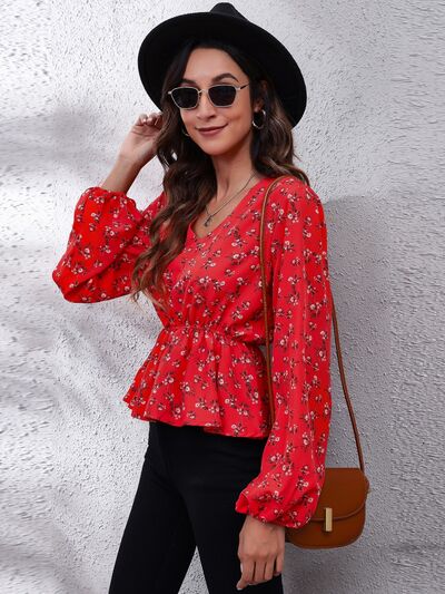 Floral V - Neck Balloon Sleeve Peplum Blouse - Mervyns