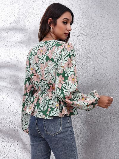 Floral V - Neck Balloon Sleeve Peplum Blouse - Mervyns