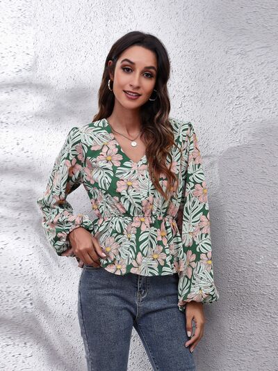 Floral V - Neck Balloon Sleeve Peplum Blouse - Mervyns