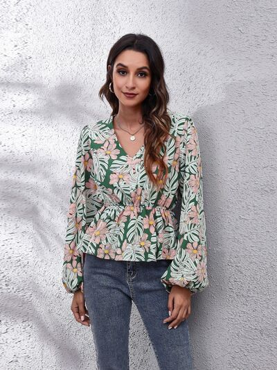 Floral V - Neck Balloon Sleeve Peplum Blouse - Mervyns