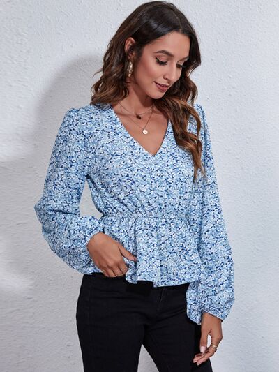 Floral V - Neck Balloon Sleeve Peplum Blouse - Mervyns