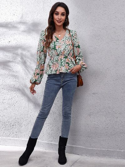 Floral V - Neck Balloon Sleeve Peplum Blouse - Mervyns